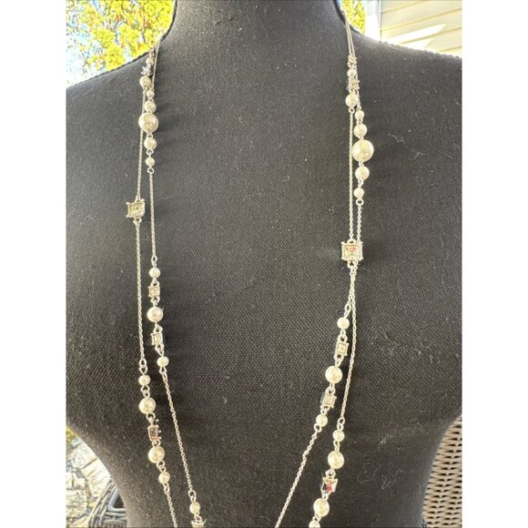 Chicos Faux Pearl CZ Silver Tone 18" Long Rope Link Chain Statement Necklace NEW - Picture 3 of 14